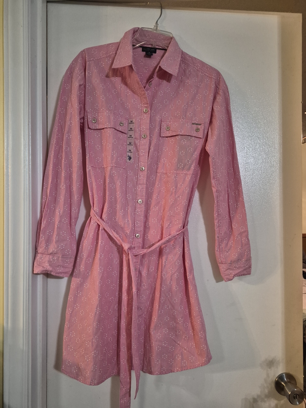 U.S. Polo Assn. Pink Long-Sleeve Button-Front Shirt Dress with Tie Waist